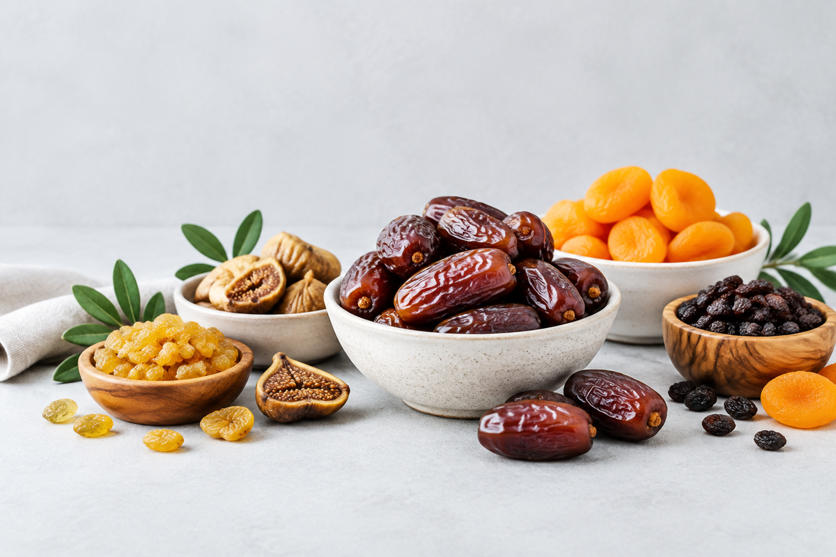 Dates and dried fruits on gray background